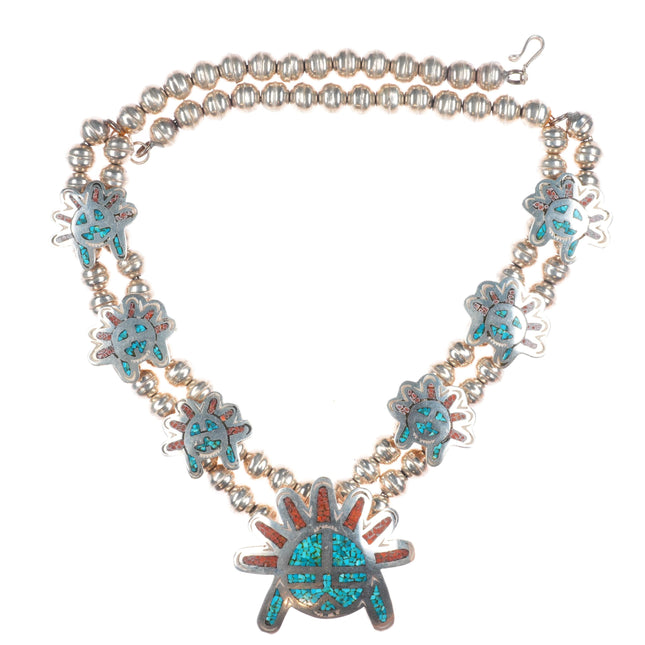 19" Vintage Navajo sterling silver turquoise chip inlay squash blossom necklace