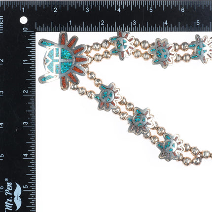 19" Vintage Navajo sterling silver turquoise chip inlay squash blossom necklace