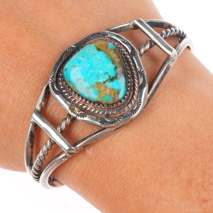 6" Vintage Navajo sterling silver turquoise cuff bracelet rope bezel