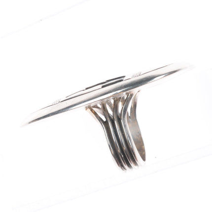 sz12 Big vintage Navajo sterling silver shield ring with overlay design