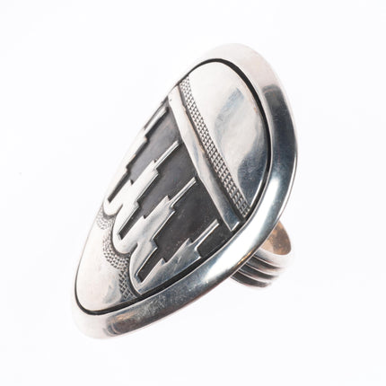 sz12 Big vintage Navajo sterling silver shield ring with overlay design