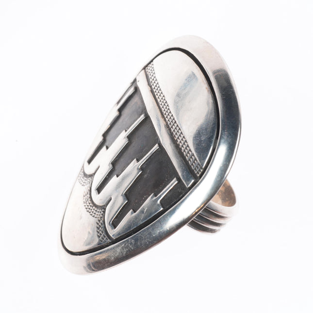 sz12 Big vintage Navajo sterling silver shield ring with overlay design