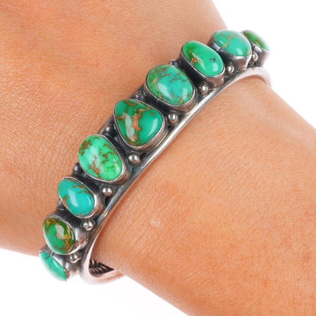 6.1" Carico Lake turquoise Nancy Custer Navajo sterling silver row cuff bracelet