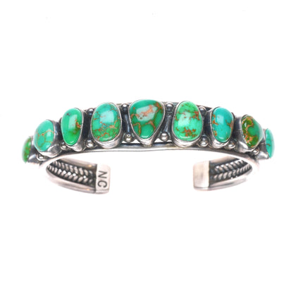 6.1" Carico Lake turquoise Nancy Custer Navajo sterling silver row cuff bracelet