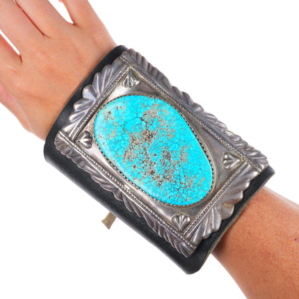 7.5" Vintage Zuni sterling silver spiderweb turquoise ketoh Bowguard bracelet