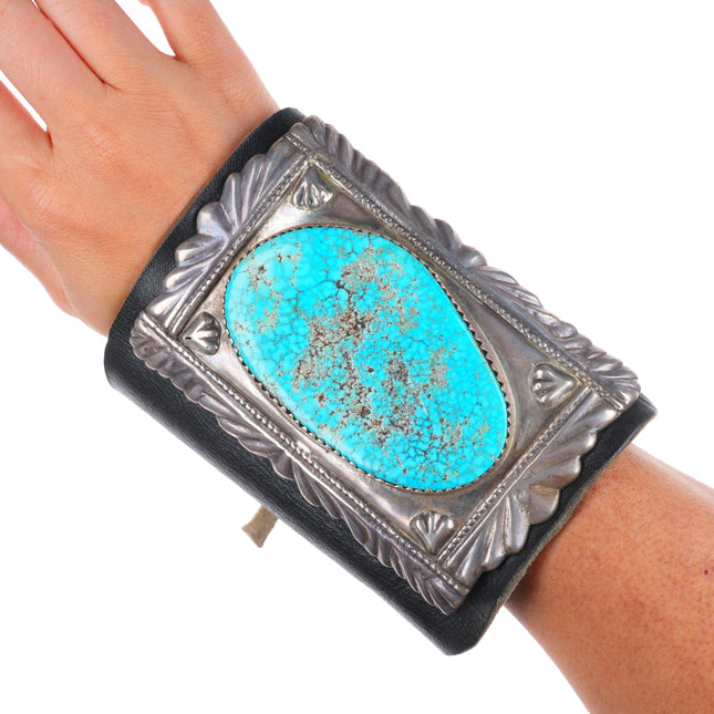 7.5" Vintage Zuni sterling silver spiderweb turquoise ketoh Bowguard bracelet