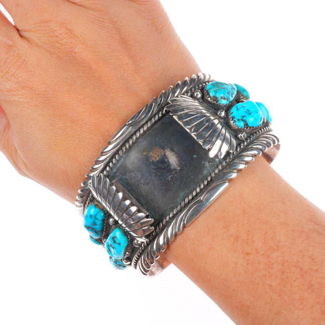 7.4" Roanhorse Navajo sterling silver turquoise cluster watch cuff bracelet