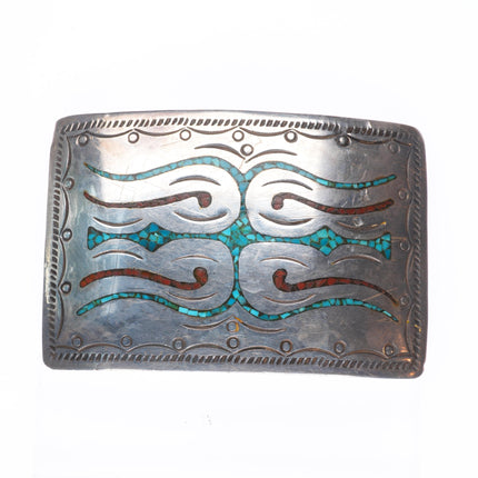 Vintage Navajo sterling silver turquoise chip inlay belt buckle KL