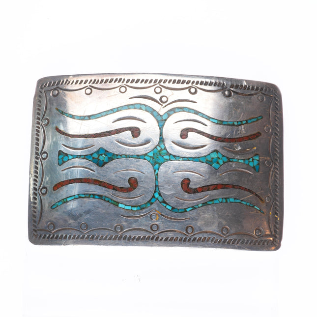 Vintage Navajo sterling silver turquoise chip inlay belt buckle KL