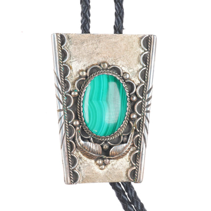 Big 1980's Vintage Navajo sterling silver malachite bolo tie