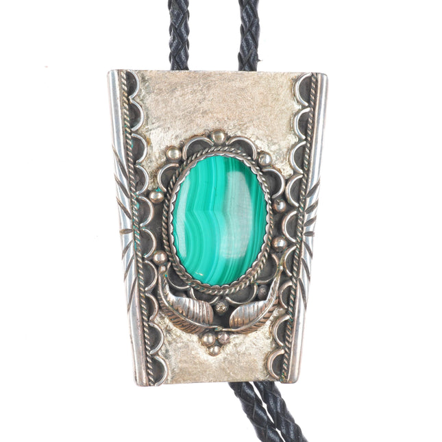 Big 1980's Vintage Navajo sterling silver malachite bolo tie