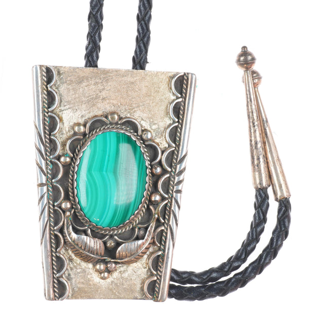 Big 1980's Vintage Navajo sterling silver malachite bolo tie