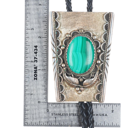 Big 1980's Vintage Navajo sterling silver malachite bolo tie