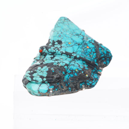 Big Southwestern spiderweb carved turquoise moth fetish inlaid coral/opal Zuni?
