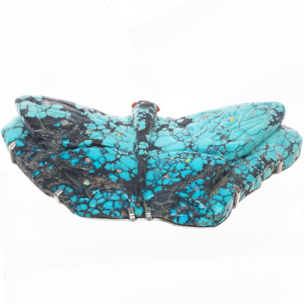 Big Southwestern spiderweb carved turquoise moth fetish inlaid coral/opal Zuni?