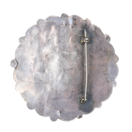 c1940's Big Zuni repousse sterling silver petit point turquoise pin/brooch