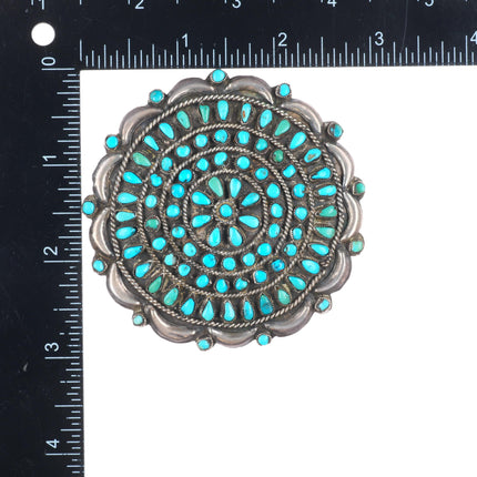 c1940's Big Zuni repousse sterling silver petit point turquoise pin/brooch