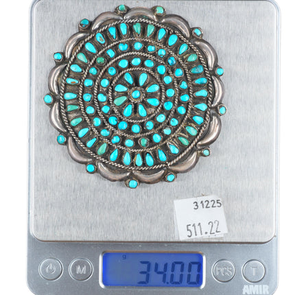 c1940's Big Zuni repousse sterling silver petit point turquoise pin/brooch