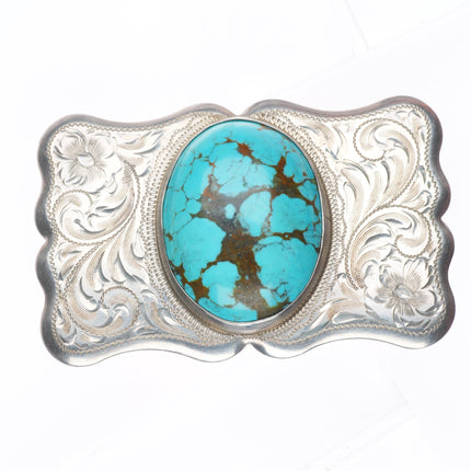 Vintage Diablo sterling silver hand engraved belt buckle with large turquoise