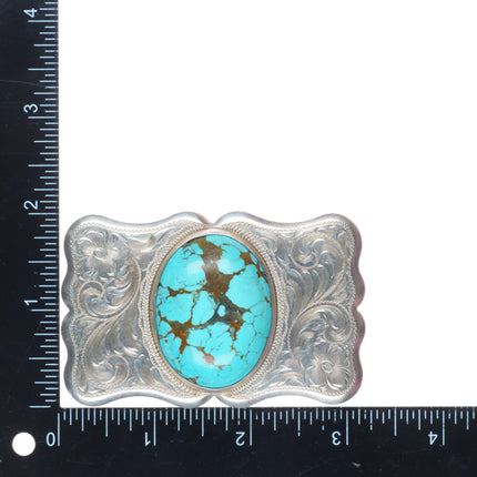 Vintage Diablo sterling silver hand engraved belt buckle with large turquoise