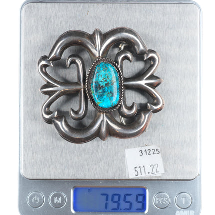 VJD Navajo cast sterling silver turquoise vintage belt buckle