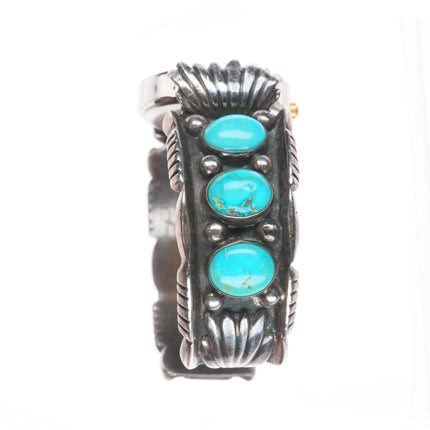 6.25" Vintage Navajo sterling silver turquoise row watch cuff bracelet