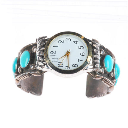 6.25" Vintage Navajo sterling silver turquoise row watch cuff bracelet