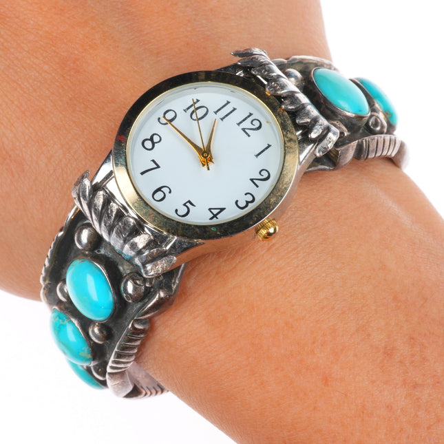 6.25" Vintage Navajo sterling silver turquoise row watch cuff bracelet