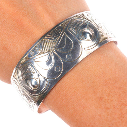 7" Doug Chilton Tlingit Northwest Coast carved sterling silver cuff bracelet