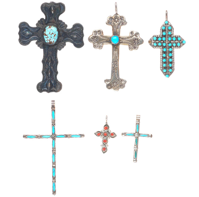 Navajo/Zuni sterling silver vintage cross collection #8 turquoise/coral