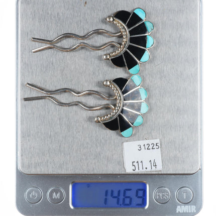 Vintage Zuni sterling silver/turquoise/jet hair pins set