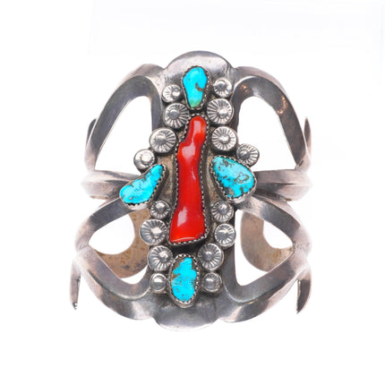 6.25" Vintage Zuni sterling silver branch coral turquoise cuff bracelet