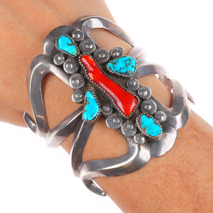 6.25" Vintage Zuni sterling silver branch coral turquoise cuff bracelet