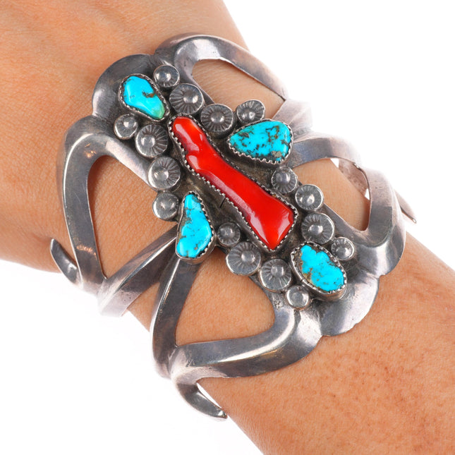 6.25" Vintage Zuni sterling silver branch coral turquoise cuff bracelet