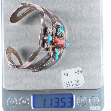 6.25" Vintage Zuni sterling silver branch coral turquoise cuff bracelet