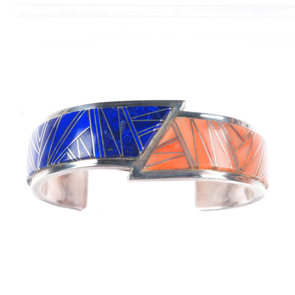 6" Bennie Bowekaty Zuni sterling silver coral/lapis channel inlay cuff bracelet