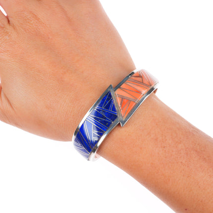 6" Bennie Bowekaty Zuni sterling silver coral/lapis channel inlay cuff bracelet
