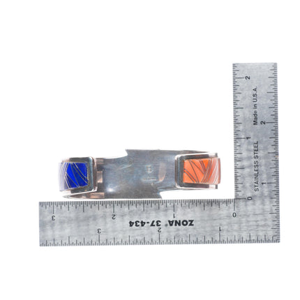 6" Bennie Bowekaty Zuni sterling silver coral/lapis channel inlay cuff bracelet