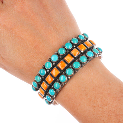 6.4" Alvin Lee Navajo sterling silver, turquoise, spiny oyster row cuff bracelet