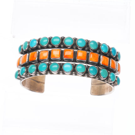 6.4" Alvin Lee Navajo sterling silver, turquoise, spiny oyster row cuff bracelet