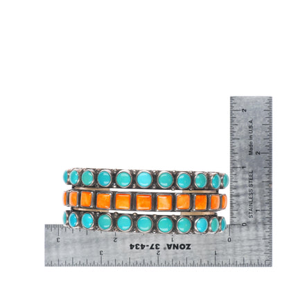 6.4" Alvin Lee Navajo sterling silver, turquoise, spiny oyster row cuff bracelet