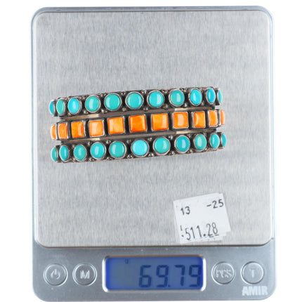 6.4" Alvin Lee Navajo sterling silver, turquoise, spiny oyster row cuff bracelet