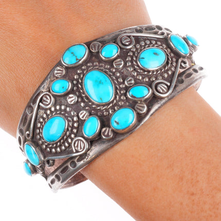 7.5" 1930's Navajo ingot/sterling silver intricate cluster cuff bracelet
