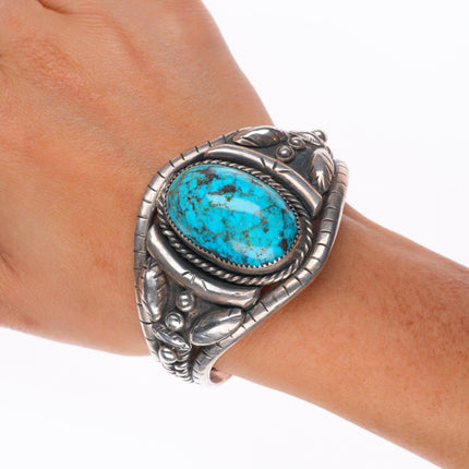 6.5" Vintage Navajo sterling silver twisted wire cuff bracelet w/large turquoise
