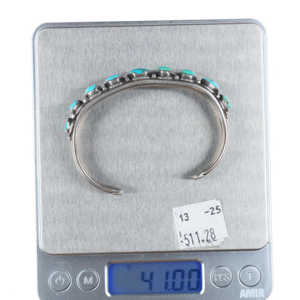 6.7" 1920's-1930's Vintage Navajo ingot silver turquoise row cuff bracelet