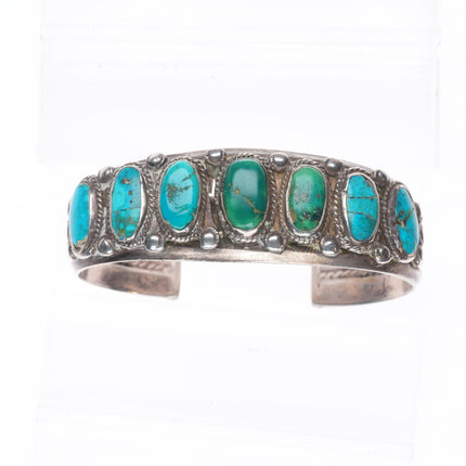 6.6" 1930's Navajo ingot silver turquoise row cuff bracelet twisted wire center