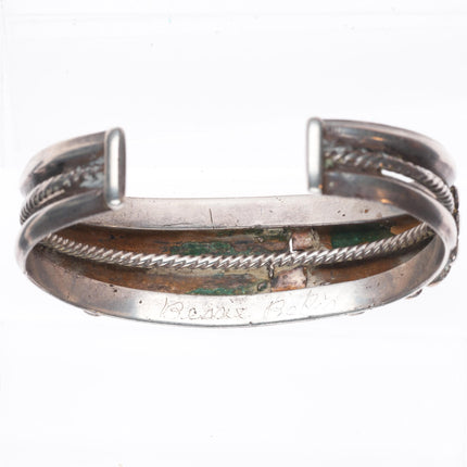 6.6" 1930's Navajo ingot silver turquoise row cuff bracelet twisted wire center