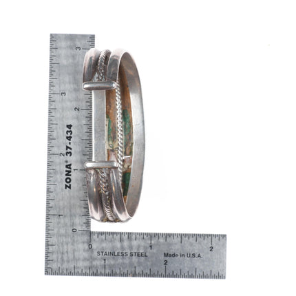 6.6" 1930's Navajo ingot silver turquoise row cuff bracelet twisted wire center