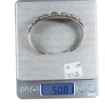 6.6" 1930's Navajo ingot silver turquoise row cuff bracelet twisted wire center