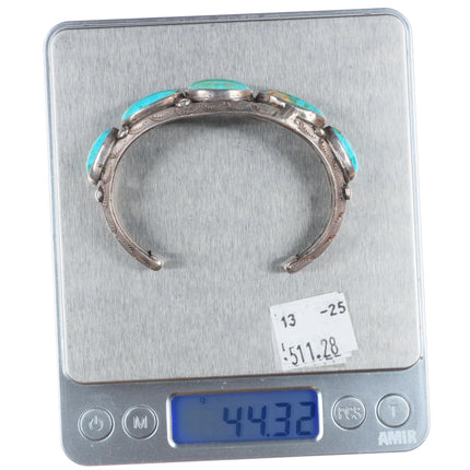 6.4" 1930's Vintage Ingot silver Navajo oblong turquoise row cuff bracelet